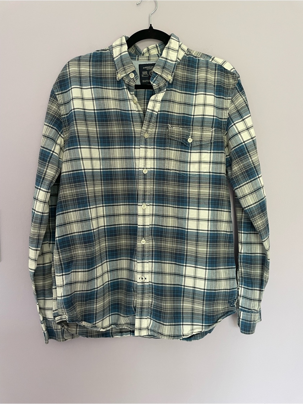 American Eagle Outfitters Blue and White Plaid Button-Down Shirt size L Slim Fit